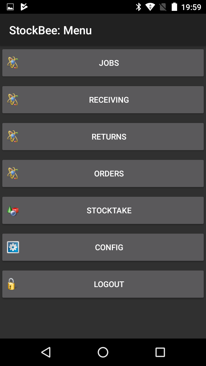 StockBee app menu — Jobs, Receiving, Returns, Orders, Stocktake