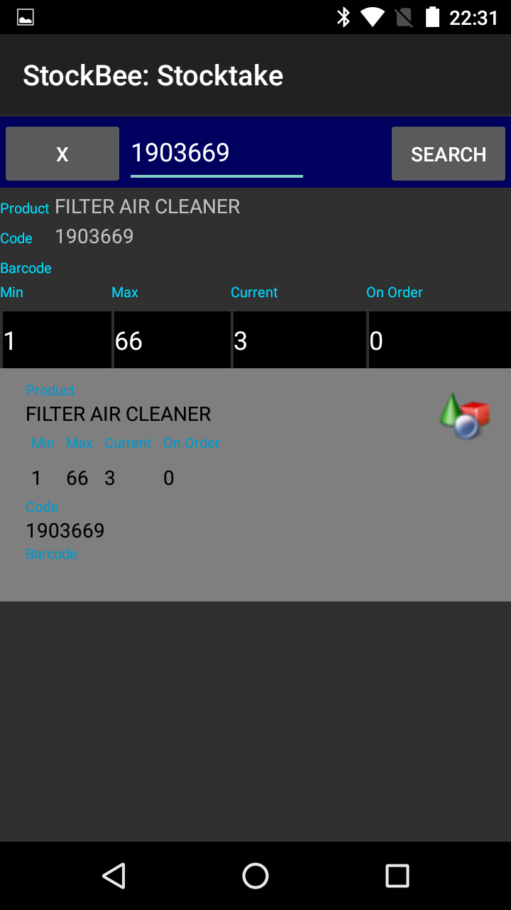 StockBee stocktake screen showing part code search and min/max/current levels