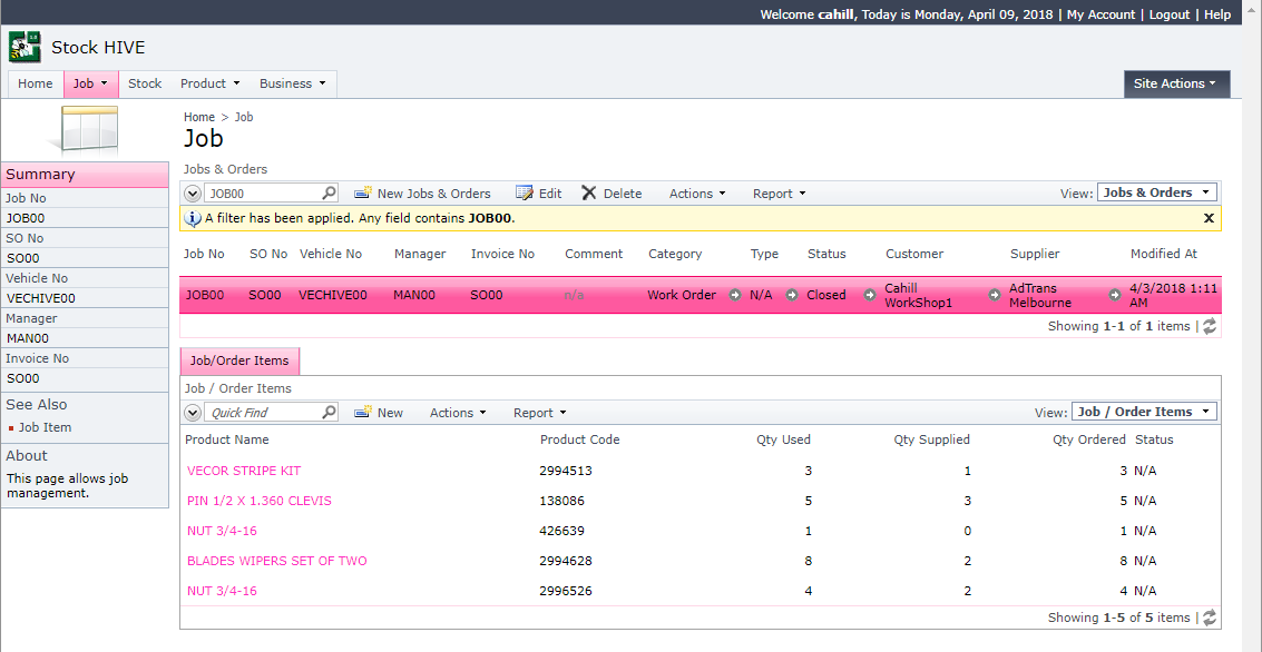 StockHive cloud portal — job detail view showing parts list with quantities, codes, and status