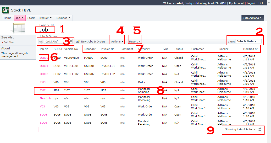 StockHive cloud portal — jobs and orders management view showing work orders, vehicles, and parts